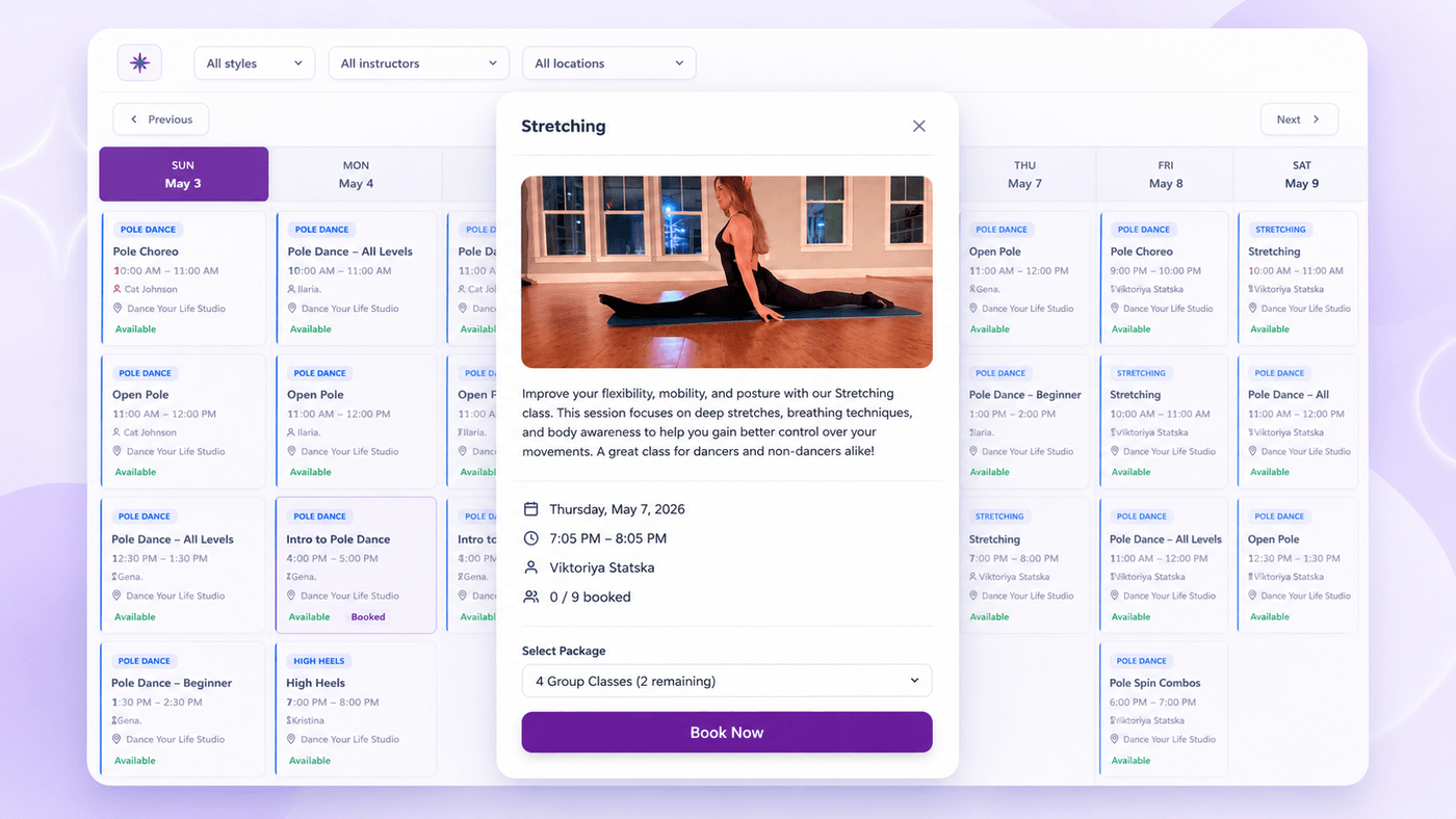 MotionHub class scheduling and calendar for a dance studio