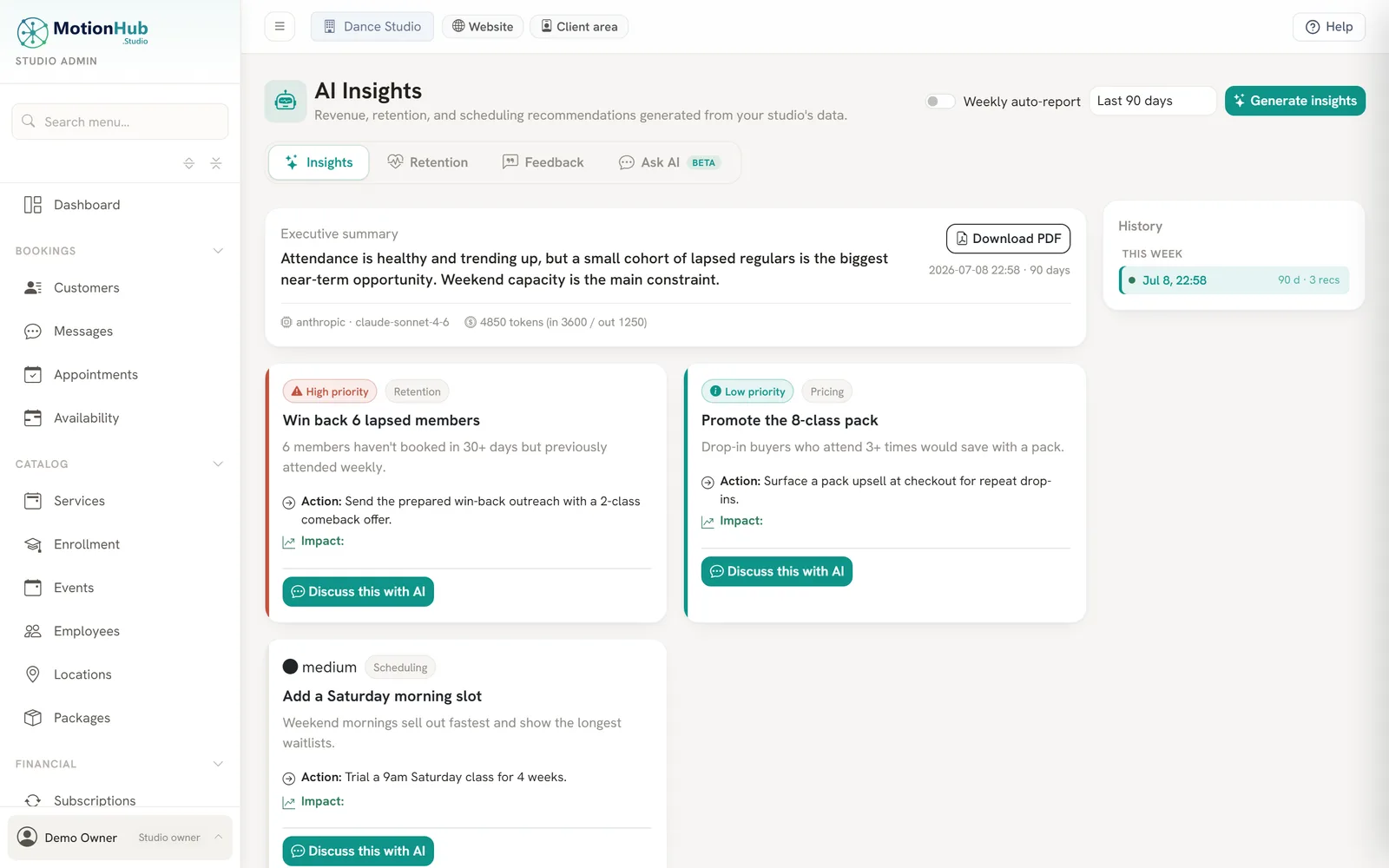 MotionHub AI insights with an executive summary and prioritized recommendations