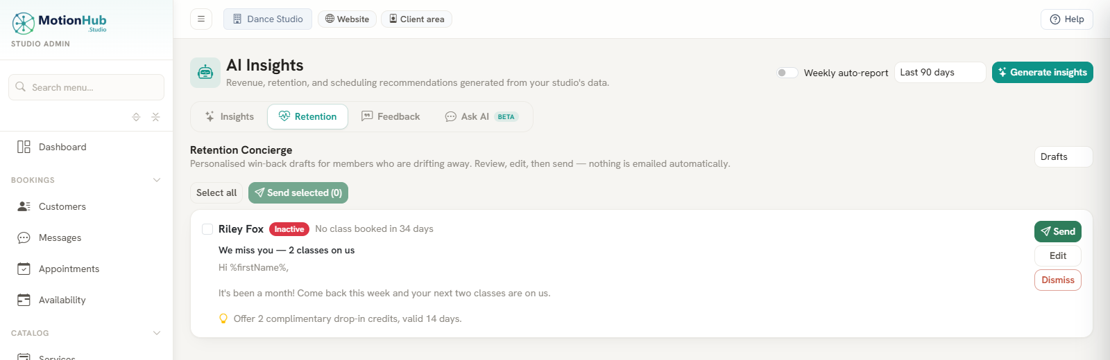 MotionHub retention concierge with a ready-to-send win-back message for a lapsed member