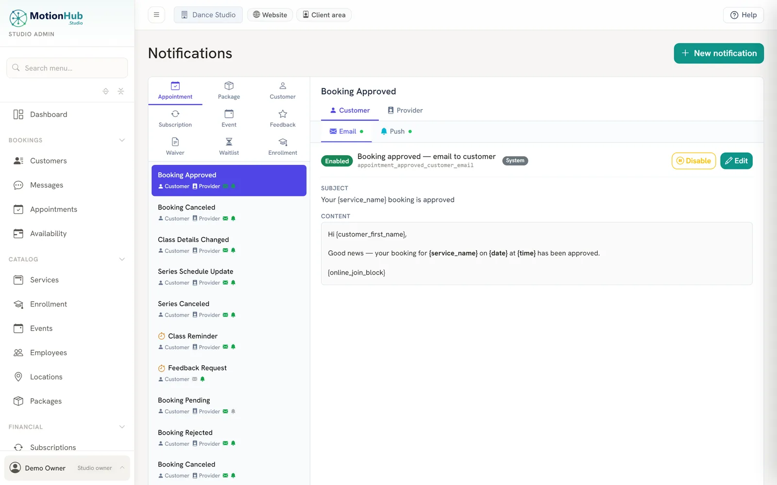 MotionHub notification editor showing an automatic booking email with template fields