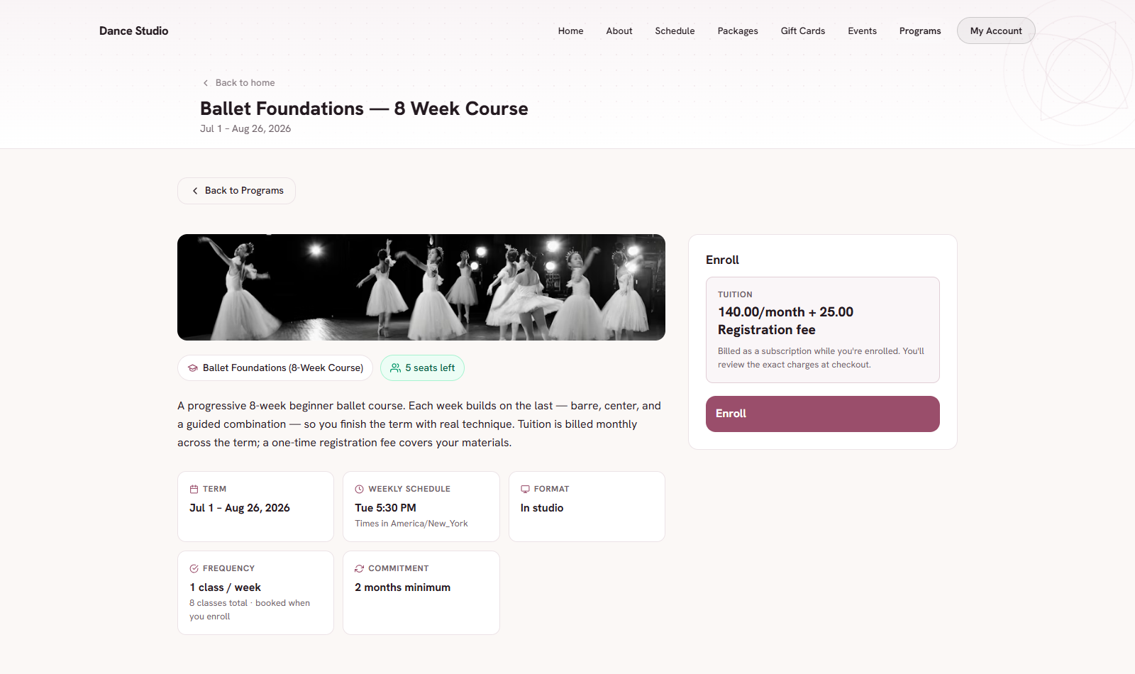 Program detail page with schedule, tuition, seats left and an Enroll button