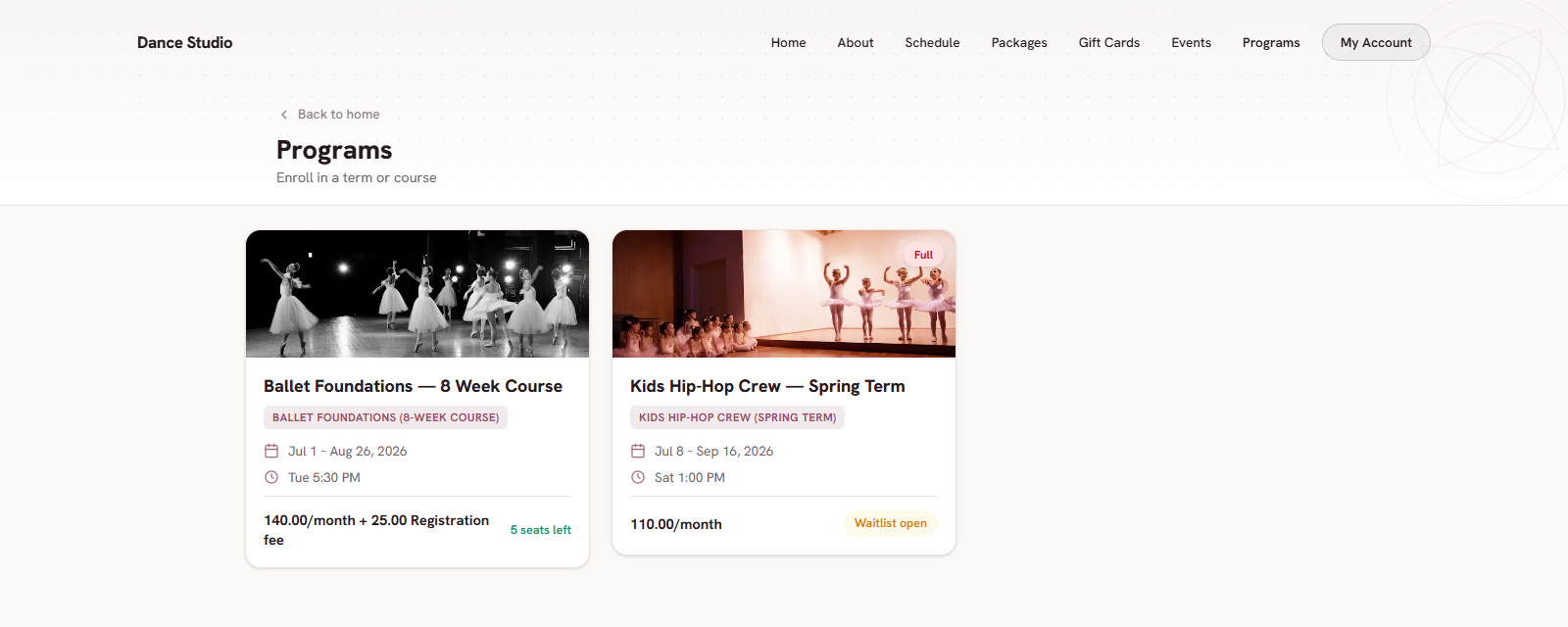 Studio website programs page where students enroll in terms and courses