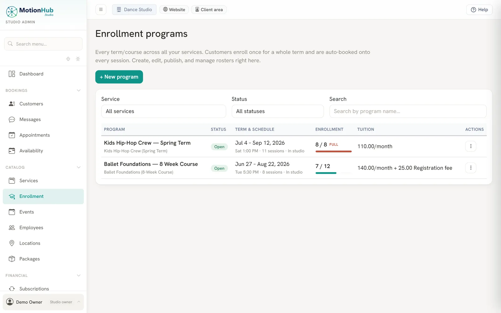 MotionHub admin enrollment programs with terms, schedules and tuition