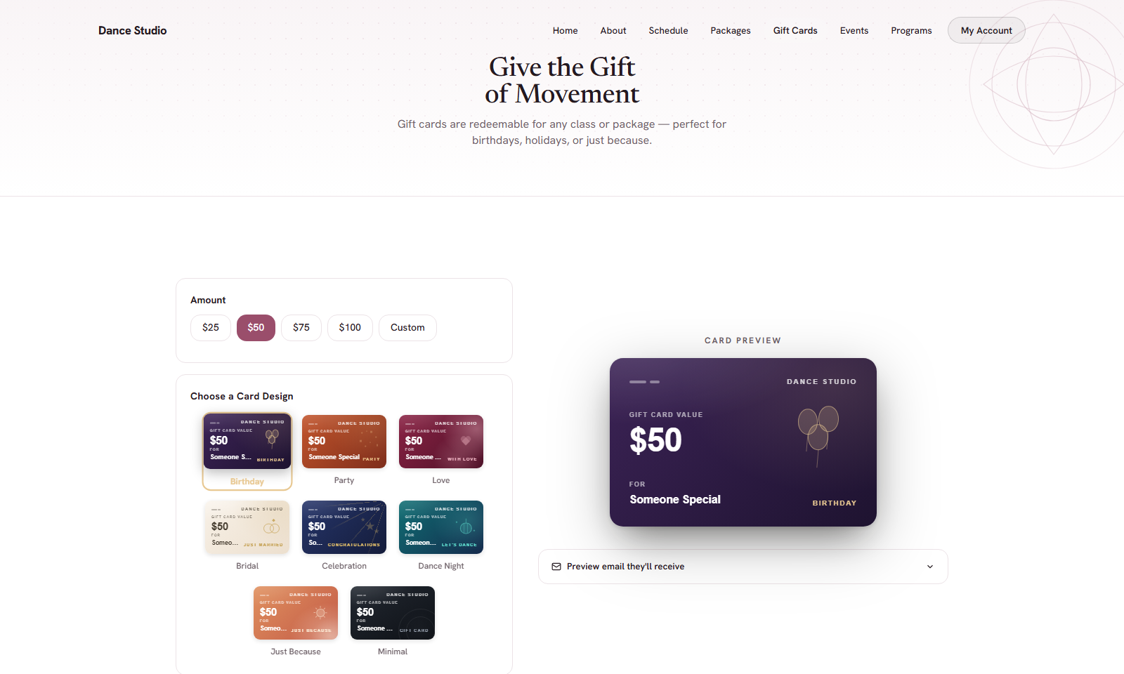 MotionHub studio gift card page where a customer picks an amount and card design and buys online