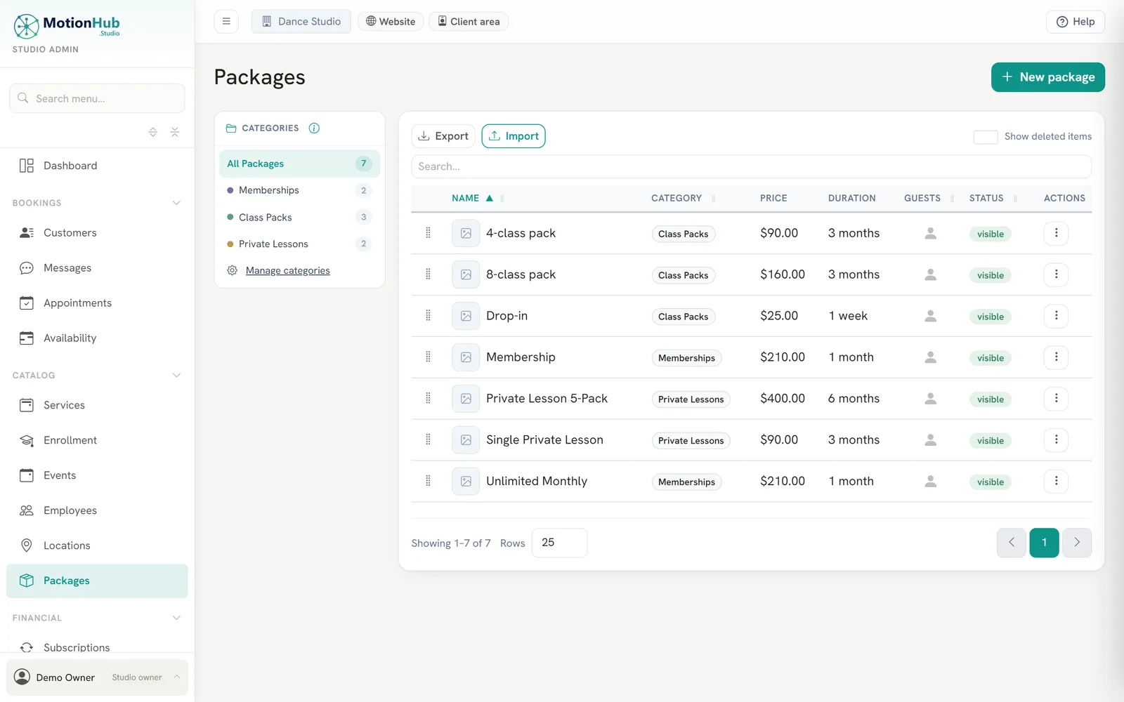 MotionHub admin packages: memberships, class packs and private lessons with prices
