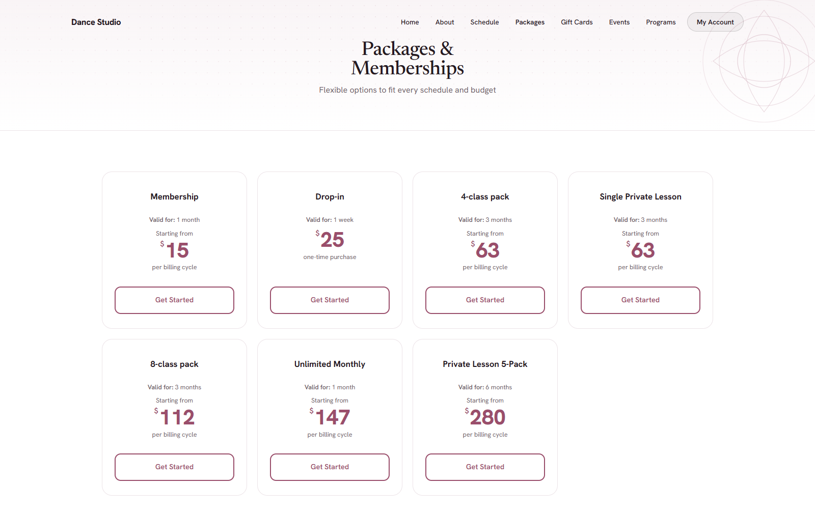Studio website pricing page with memberships, class packs and private lessons