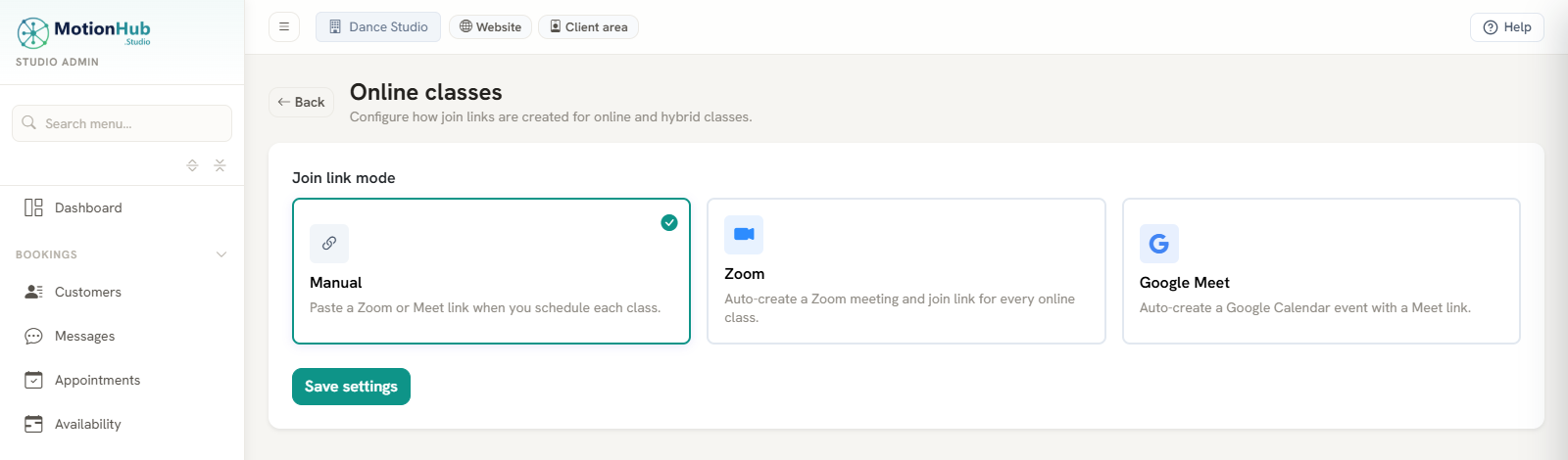 MotionHub online classes setup: auto-create Zoom or Google Meet join links per class