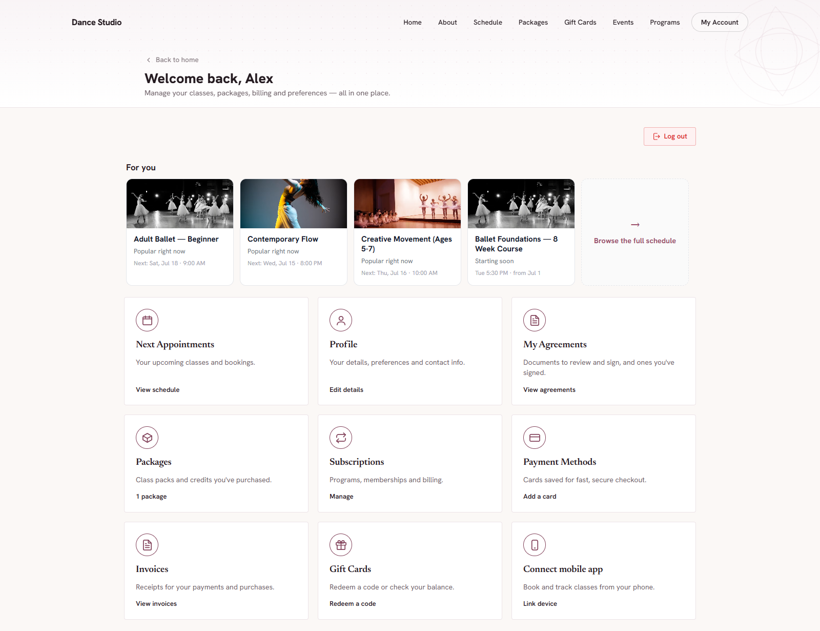 Student account page with personalized class suggestions, packages, billing and agreements