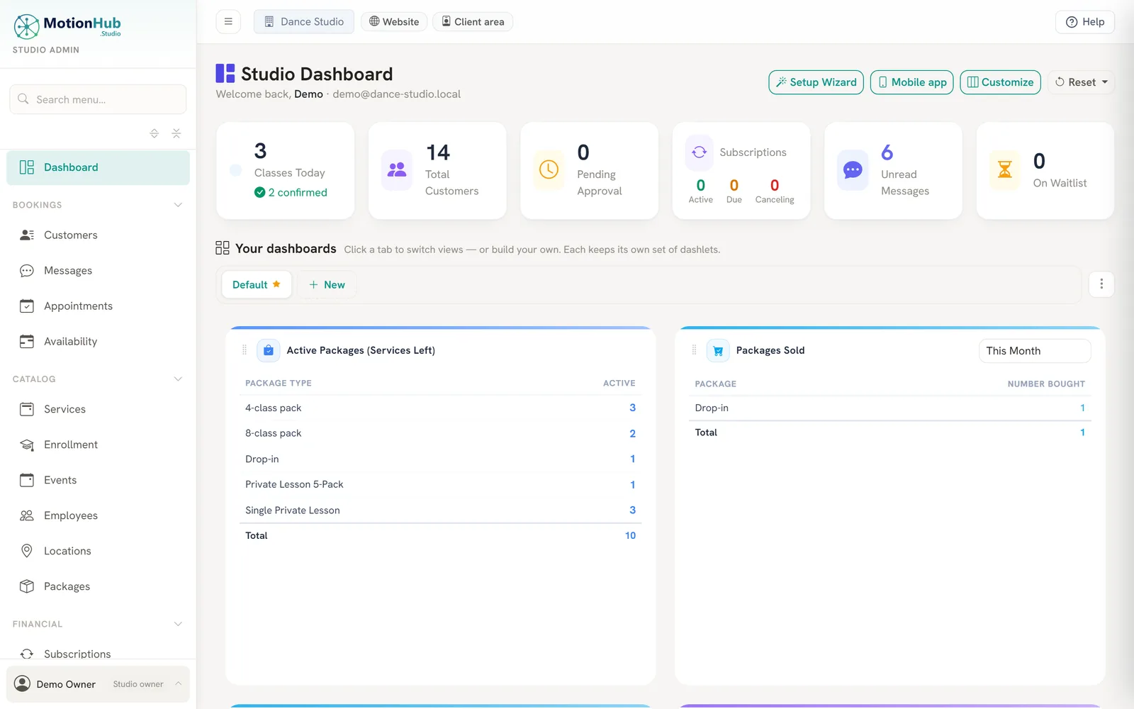 MotionHub studio dashboard with live stats and customizable dashlets