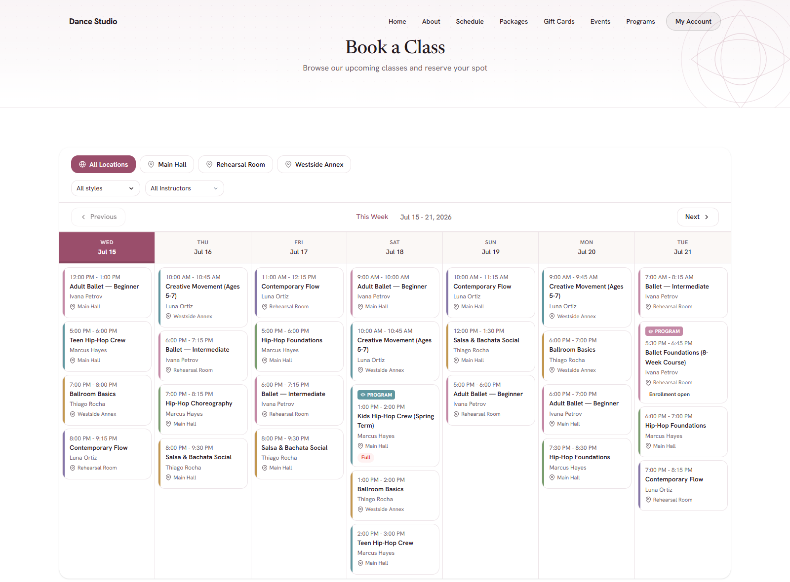 Studio website booking calendar where students browse the week and reserve a spot