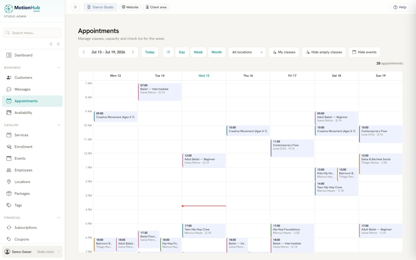 MotionHub admin weekly calendar showing classes across rooms and instructors