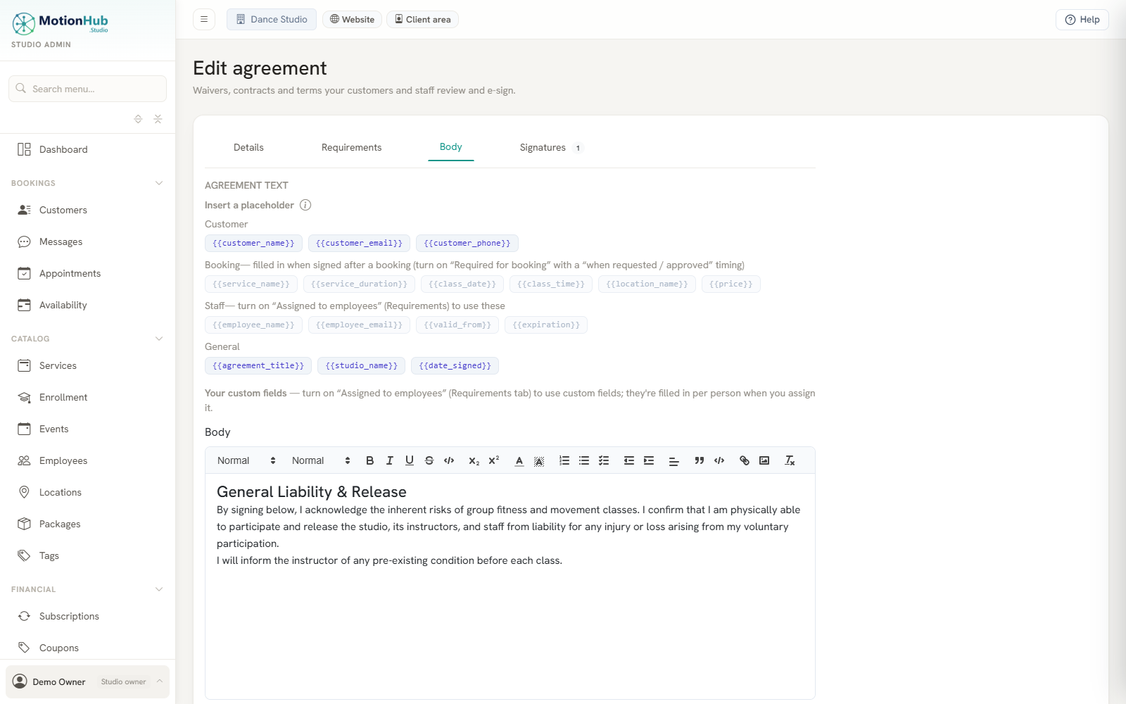 MotionHub agreement editor with waiver text and auto-filled placeholders