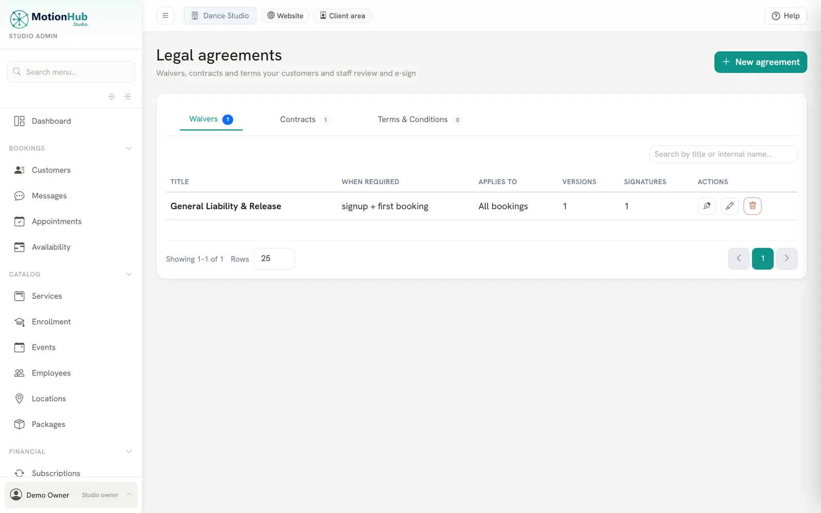 MotionHub legal agreements: waivers, contracts and terms to e-sign