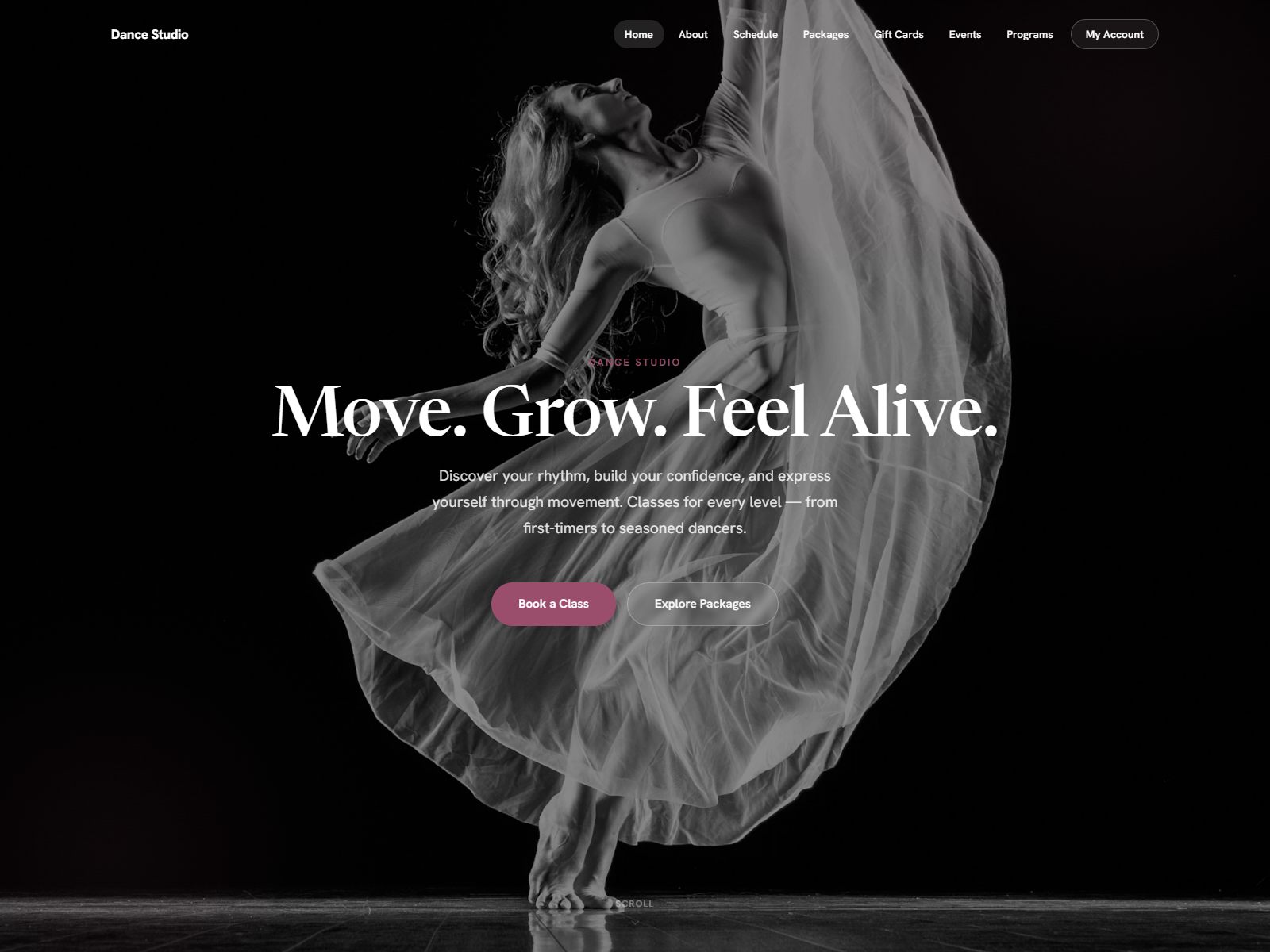 A finished studio website built with MotionHub, with hero, classes and booking
