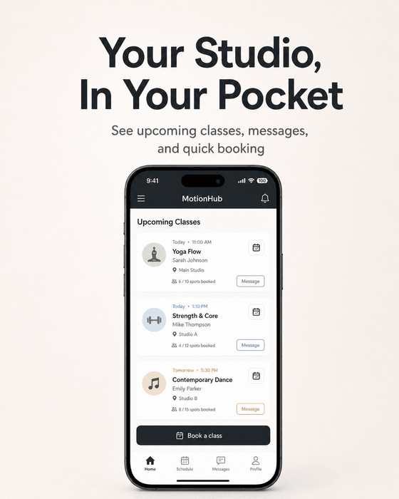 Branded studio mobile app showing upcoming classes and quick booking