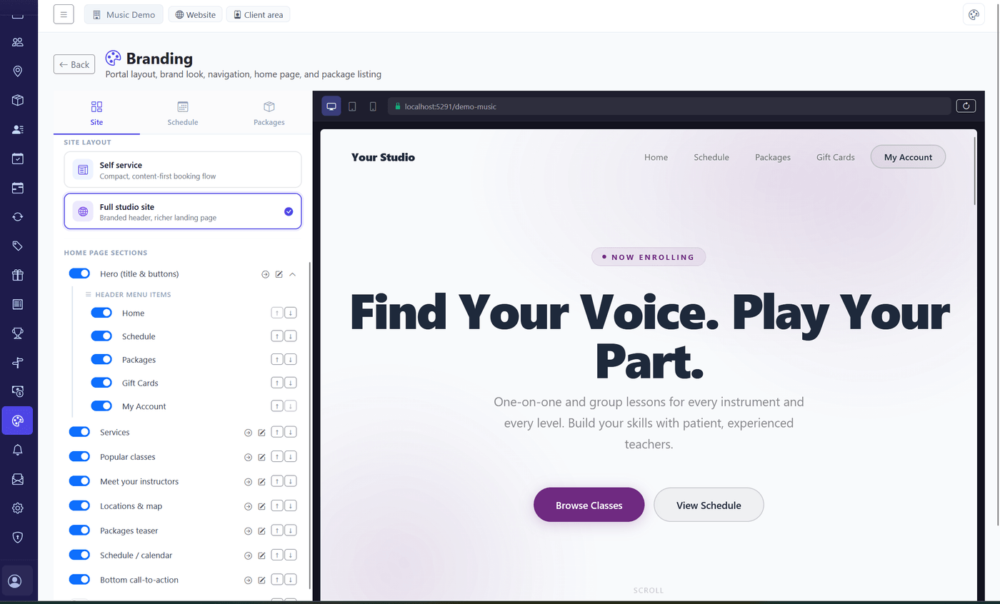 MotionHub studio website builder connected to live booking